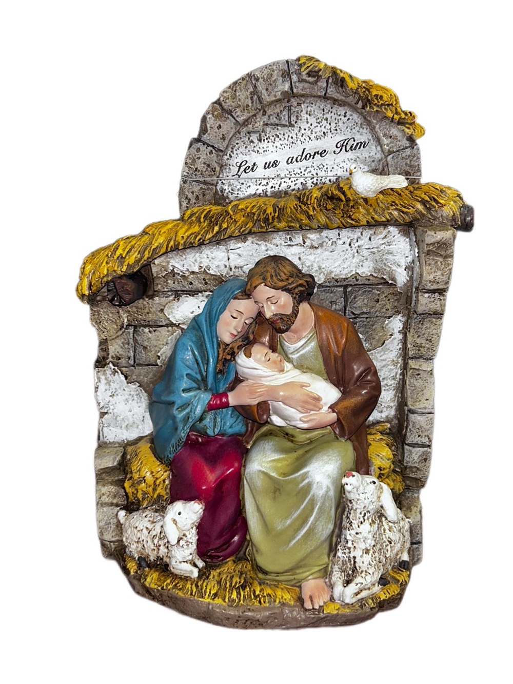 Roman ~ Mary and Joseph Holding Baby Jesus in Crèche with Lambs 10" H ~ New